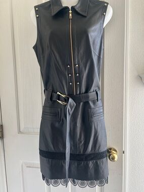 Sleeveless Black Leather Belted Dress with Lace Trim